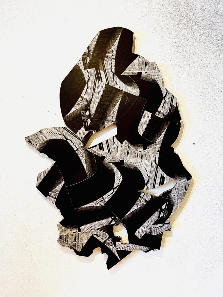 Ray Beldner, “Final Reckoning Fall,” Archival pigment print on laser cut plywood, 72 x 48 in, 2019