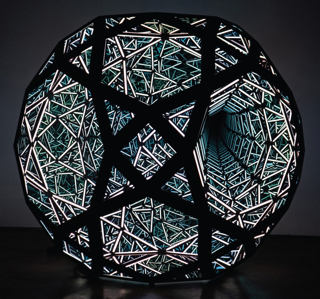 Anthony James, “Portal Icosahedron,” 2018, Steel, glass, LED lights, 40 in