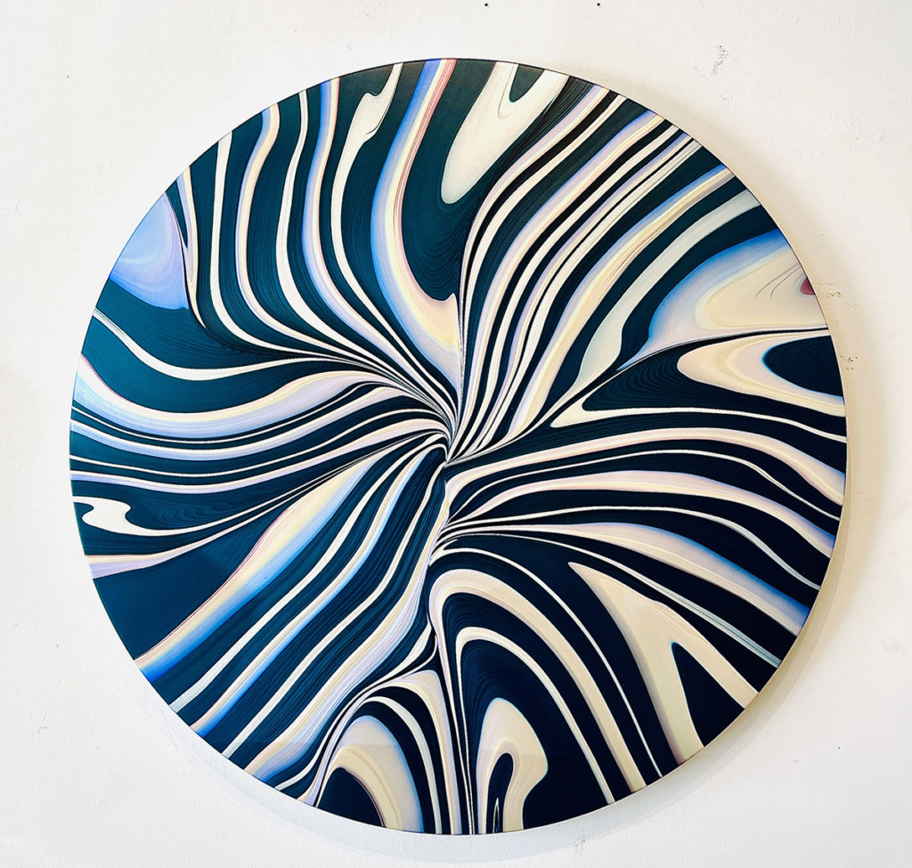 Andy Moses, Geodesy 904, Acrylic on canvas over circular wood panel, 42 in, 2022