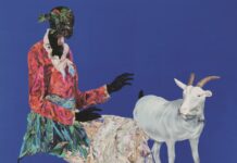 Vitshois Mwilambwe Bondo, 'La reine Rwej', 2019, acrylic and collage on linen. Photograph courtesy of the artist and Le Galerie 38, Casablanca, Morocco.