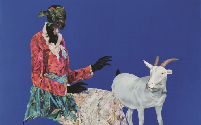 Vitshois Mwilambwe Bondo, 'La reine Rwej', 2019, acrylic and collage on linen. Photograph courtesy of the artist and Le Galerie 38, Casablanca, Morocco.