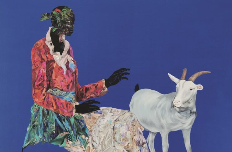 Vitshois Mwilambwe Bondo, 'La reine Rwej', 2019, acrylic and collage on linen. Photograph courtesy of the artist and Le Galerie 38, Casablanca, Morocco.