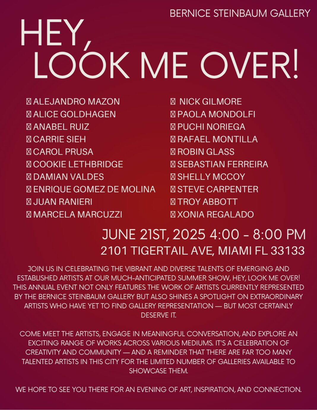 Bernice Steinbaum Gallery Unveils "HEY, LOOK ME OVER!" – A Celebration of Miami's Diverse Artistic Talent
