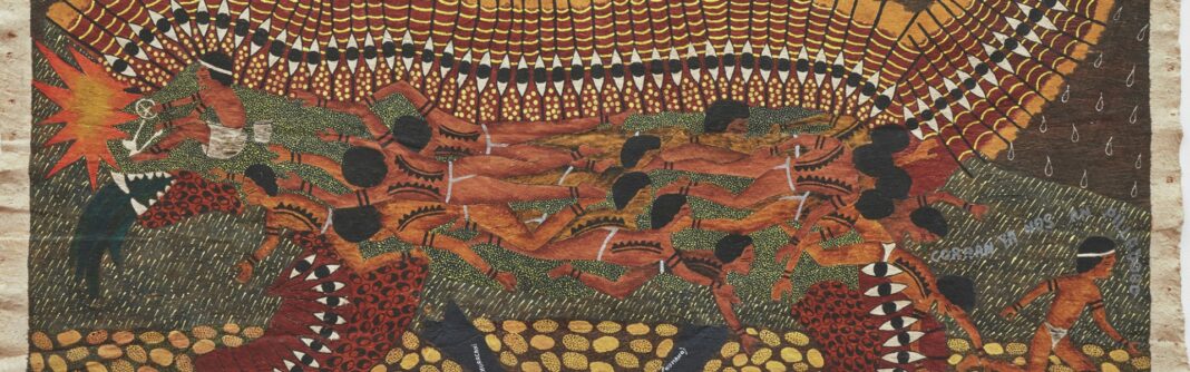 Crédito imagen: Santiago Yahuarcani "Tigre rig+" (2023) Tintes naturales sobre llanchama Cortesía del artista
