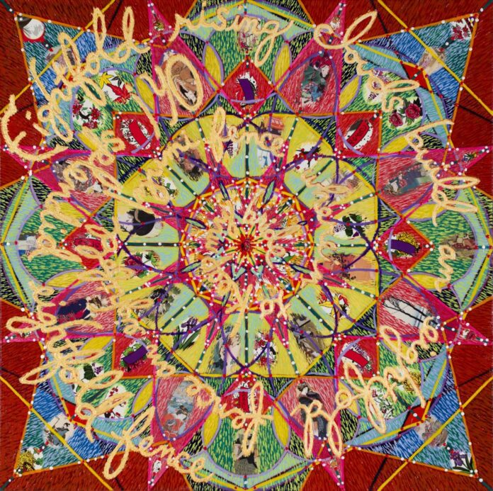 Meg Cogburn The Eightfold Fence, 2020 Acrylic and Collage on Canvas 36x36 inches $11,500