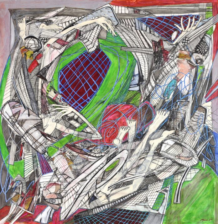 Annelisse Molini The Lost Philosophy 2022 Acrylic/ink/oil pastels/collage on canvas 59in X 60in