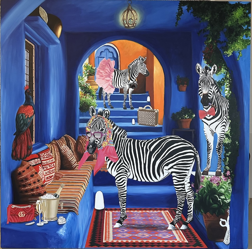 Aparneet Mann, Moroccan Holiday, charcoal and acrylic on canvas, 54”x54”,2025